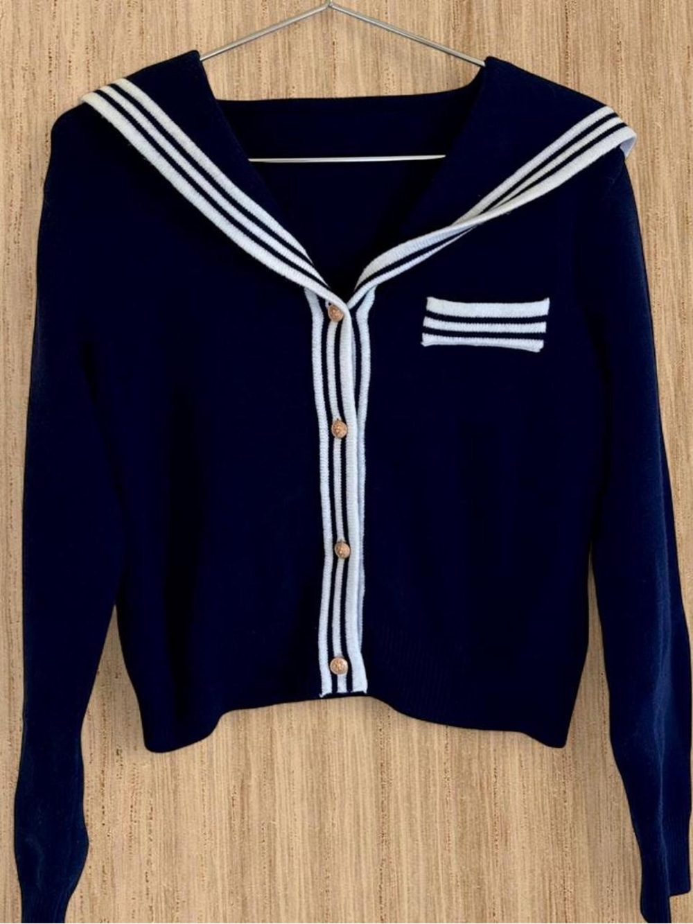 Source Unknown Navy Blue and White V-Neck Sailor Sweater